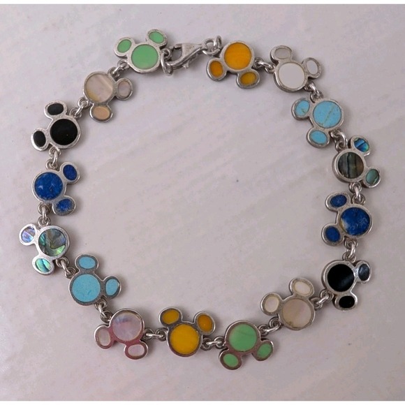 Disney Parks Sterling Silver 925 Hidden Mickey Multi Stone Link Bracelet Retired - Picture 1 of 8